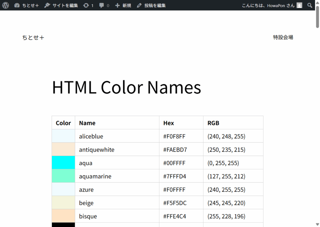 HTML Color Names – ちとせ＋